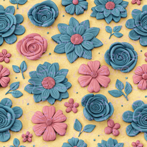 Clay Flowers Blue And Pink On Yellow